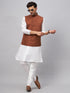 Vastramay Men's Coffee Matka Silk Nehru Jacket With White Silk Blend Kurta Pyjama Set